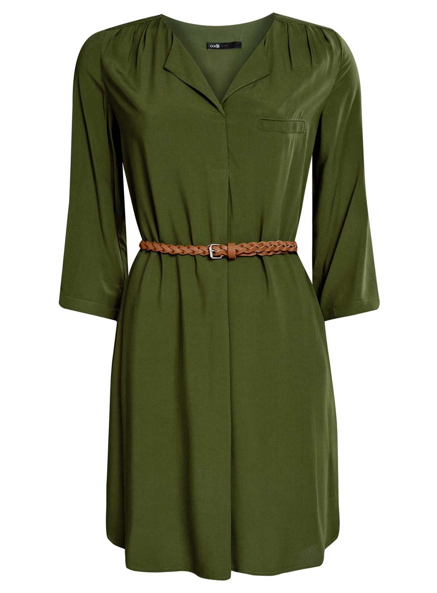 Платье11900180/42540/4500N Платье11900180/42540/4500NПлатье oodji Collection выполнено из вискозы. Модель с V-образным воротником, дополненным застежкой на пуговицах. У изделия рукава три четверти, регулируемые по длине при помощи хлястика с пуговицей. Низ платья ассиметричен и оформлен небольшими разрезами по бокам. Плечи и спинка выполнены защипами. В комплект входит ремень.