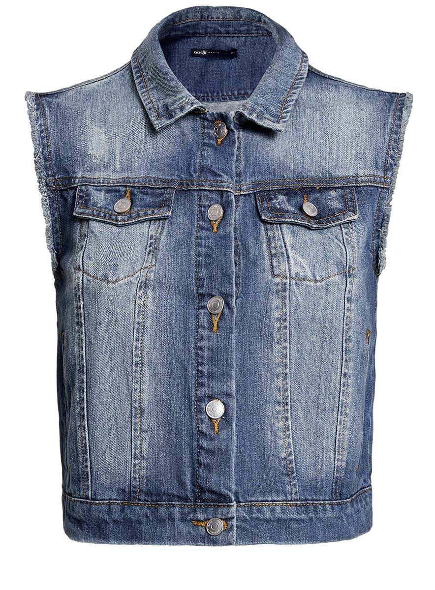 Жилет12409020/22301/7500W Жилет12409020/22301/7500WЖенский жилет oodji Denim выполнен из натурального хлопка. Модель с отложным воротником застегивается на пуговицы по всей длине. Низ изделия дополнен небольшими хлястиками на пуговицах. Спереди расположено два прорезных кармана и два втачных кармана с клапанами на пуговицах. Проймы дополнены эффектом необработанного края. Жилет оформлен потертостями и контрастной отстрочкой.