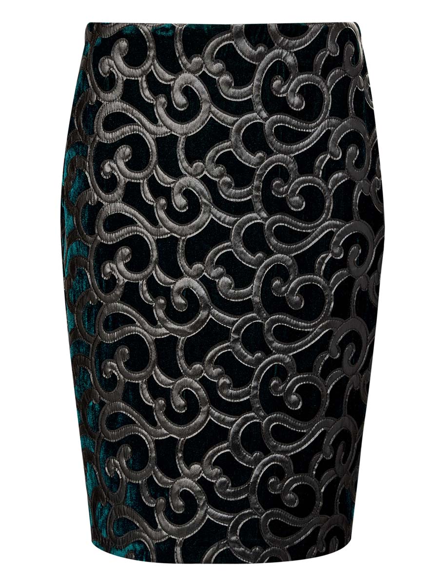 Юбка24101045-2/46067/2900N Юбка24101045-2/46067/2900NЮбка oodji Collection выполнена из велюра и оформлена узорной отделкой из искусственной кожи. Юбка-карандаш длины миди сзади дополнена застежкой-молнией и разрезом.