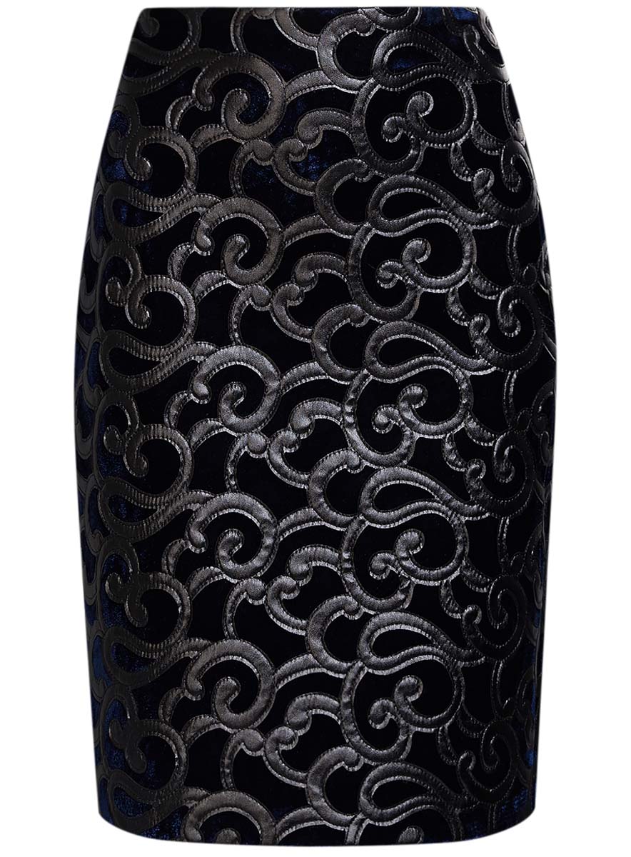 Юбка24101045-2/46067/2900N Юбка24101045-2/46067/2900NЮбка oodji Collection выполнена из велюра и оформлена узорной отделкой из искусственной кожи. Юбка-карандаш длины миди сзади дополнена застежкой-молнией и разрезом.