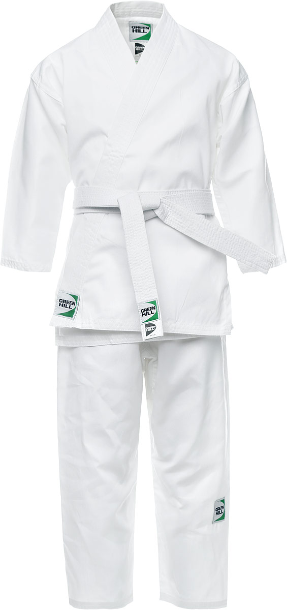 Кимоно для каратеKSA-10347 Кимоно для каратеKSA-10347Детское кимоно для карате Green Hill Adult состоит из рубашки и брюк. Просторная рубашка с запахом, боковыми разрезами и длинными рукавами-кимоно изготовлена из плотного хлопка. Боковые швы, края рукавов и полочек, низ рубашки укреплены дополнительными строчками и крепкой лентой с внутренней стороны. Рубашка завязывается на специальные завязки. Просторные брюки особого покроя имеют широкую эластичную резинку на талии со скрытым шнурком, обеспечивающую комфортную посадку. Изделия оформлены нашивками с логотипом бренда. Кимоно рекомендуется для тренировок в зале.