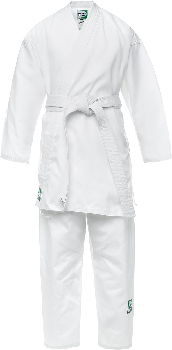 Кимоно для каратеKSA-10347 Кимоно для каратеKSA-10347Кимоно для карате Green Hill Adult состоит из рубашки и брюк. Просторная рубашка с запахом, боковыми разрезами и длинными рукавами-кимоно изготовлена из плотного хлопка. Боковые швы, края рукавов и полочек, низ рубашки укреплены дополнительными строчками и крепкой лентой с внутренней стороны. Рубашка завязывается на специальные завязки. Просторные брюки особого покроя имеют широкую эластичную резинку на талии со скрытым шнурком, обеспечивающую комфортную посадку. Изделия оформлены нашивками с логотипом бренда. Кимоно рекомендуется для тренировок в зале.