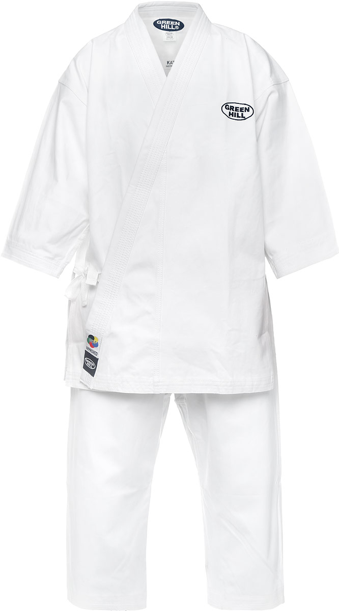 Кимоно для каратеKSO-10024WKF Кимоно для каратеKSO-10024WKFКимоно для карате Green Hill Kata состоит из рубашки и брюк. Просторная рубашка с глубоким запахом, с боковыми разрезами и рукавами три четверти завязывается специальными завязками. Боковые швы и края полочек укреплены дополнительными строчками. Просторные брюки особого покроя на широком поясе и шнурком для фиксации брюк на талии. Комплект изготовлен из натурального хлопка, плотностью 400 г/м2. Кимоно рекомендуется для тренировок в зале.