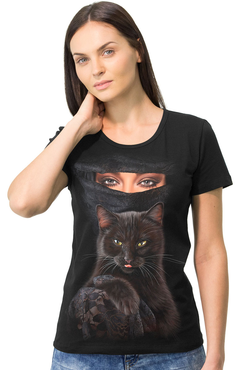 Футболка1-9 Футболка1-9Женская футболка MF Кошка Вуаль с короткими рукавами и круглым вырезом горловины выполнена из натурального хлопка. Оформлена модель оригинальным принтом.