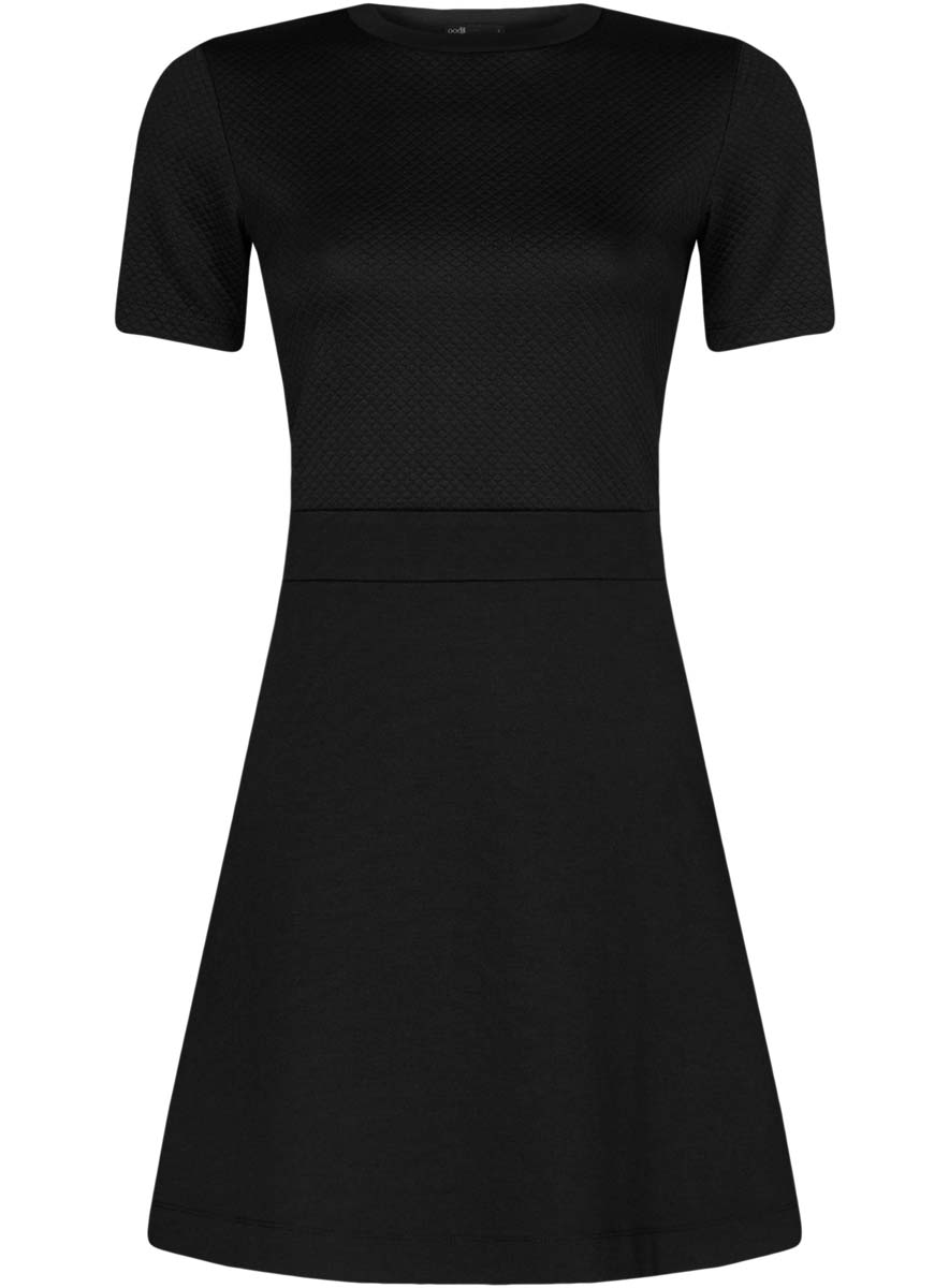 Платье14000161/42408/2900N Платье14000161/42408/2900NТрикотажное платье oodji Ultra имеет стилизованный под блузку и юбку верх и низ. Верх платья выполнен с короткими рукавами и круглым вырезом воротничка. Низ платья выполнен свободным кроем.
