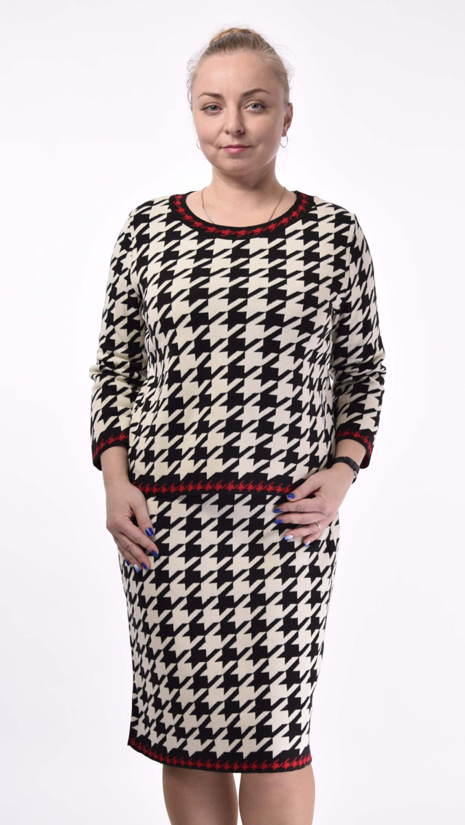Комплект одежды896 Комплект одежды896Женский комплект Milana Style, состоящий из джемпера и юбки, выполнен из шерсти и акрила. Джемпер с круглым вырезом горловины и рукавами длинной 7/8. Юбка-миди по поясу дополнена эластичной резинкой. Комплект оформлен оригинальным геометрическим принтом.