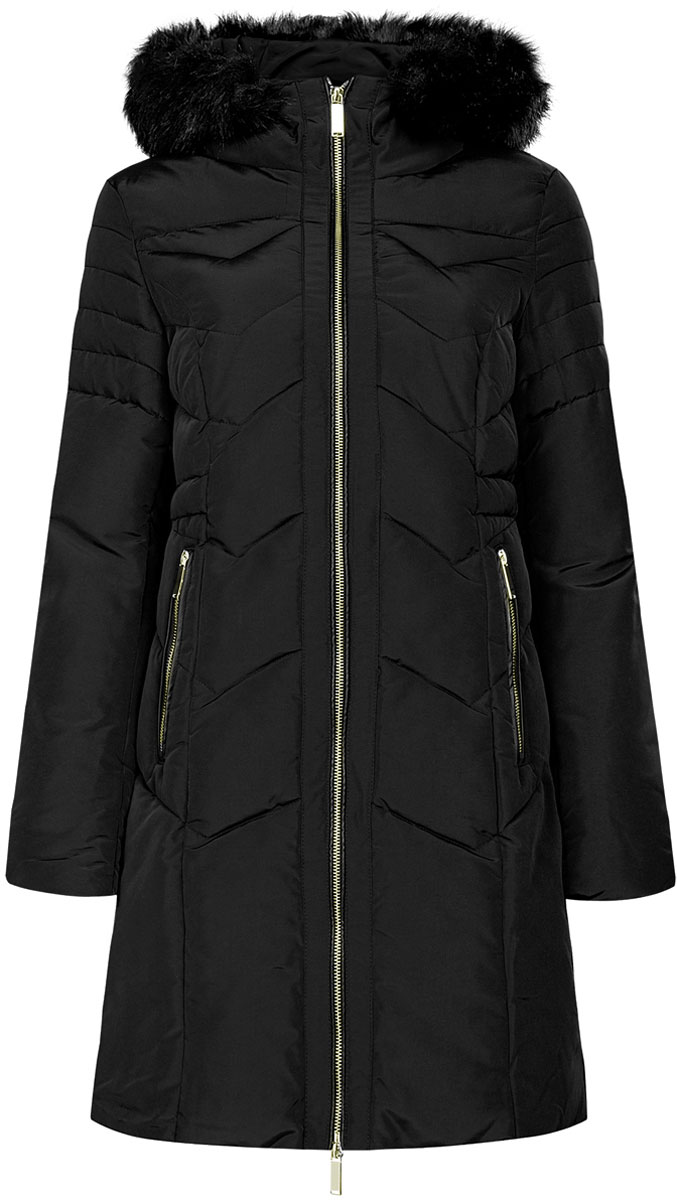Куртка20204047/45934/2900N Куртка20204047/45934/2900NЖенская куртка oodji Collection изготовлена из высококачественного полиэстера и оформлена искусственной кожей. В качестве утеплителя используется полиэстер. Модель с несъемным капюшоном, оформленным съемным искусственным мехом, застегивается на застежку-молнию. Спереди расположены два прорезных кармана с застежками-молниями. Рукава с внутренней стороны дополнены манжетами на резинках. Талия с внутренней стороны регулируется с помощью эластичного шнурка.