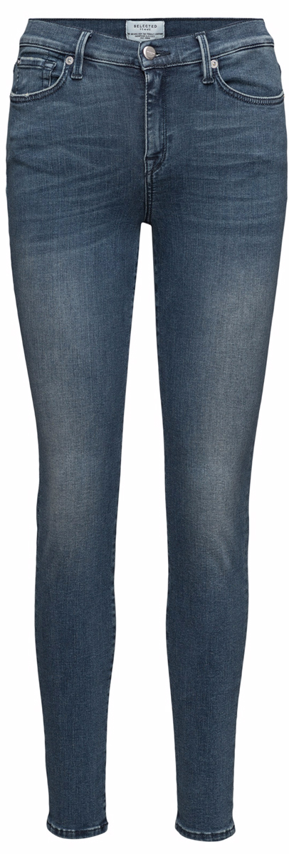 Джинсы16052726_Medium Blue Denim Джинсы16052726_Medium Blue DenimСтильные женские джинсы Selected Femme выполнены из хлопка с добавлением эластана и эластомультиэстера. Материал мягкий и приятный на ощупь, не сковывает движения и позволяет коже дышать. Джинсы-слим с завышенной посадкой застегиваются на пуговицу в поясе и ширинку на застежке-молнии. На поясе предусмотрены шлевки для ремня. Спереди модель оформлена двумя втачными карманами и одним накладным кармашком на застежке-молнии, сзади - двумя накладными карманами. Модель оформлена эффектом потертости и перманентными складками.