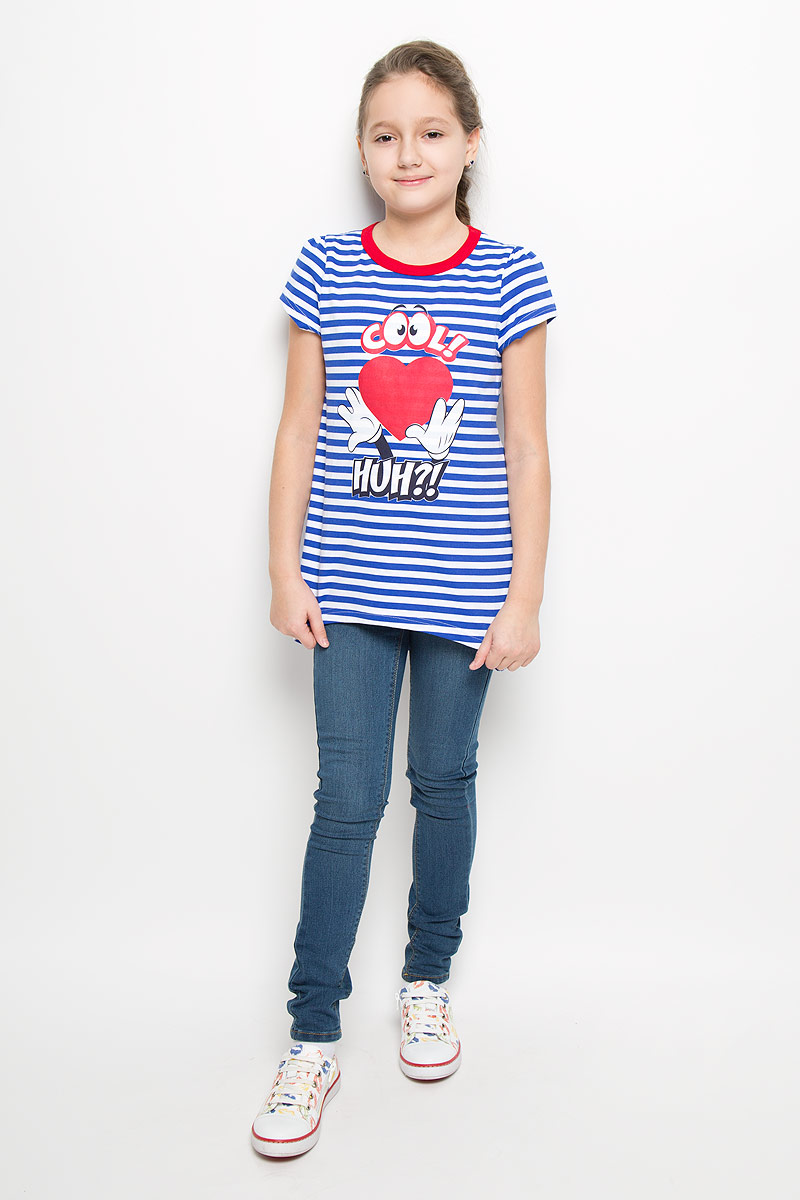 ТуникаSST262025-23/SST263025-23 ТуникаSST262025-23/SST263025-23Модная туника для девочки M&D сделает образ ребенка ярким и интересным. Изготовленная из мягкого эластичного хлопка, она приятная на ощупь, не сковывает движения и хорошо пропускает воздух, обеспечивая комфорт. Туника с круглым вырезом горловины и короткими рукавами-фонариками имеет трапециевидный крой. Вырез горловины дополнен трикотажной резинкой контрастного цвета. Модель с укороченной линией переда имеет удлиненную спинку с разрезом. Изделие оформлено принтом в полоску, украшено оригинальной термоаппликацией. В такой тунике ваша маленькая принцесса будет чувствовать себя комфортно, уютно и всегда будет в центре внимания!
