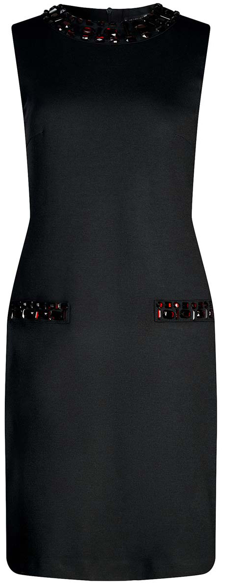 Платье24005134/38261/2900N Платье24005134/38261/2900NПлатье oodji Collection без рукавов имеет круглый воротник и ложные карманы инкрустированные крупными стразами. Изделие плотно садится по фигуре. Застегивается сзади на молнию.