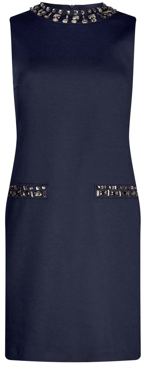 Платье24005134/38261/2900N Платье24005134/38261/2900NПлатье oodji Collection без рукавов имеет круглый воротник и ложные карманы инкрустированные крупными стразами. Изделие плотно садится по фигуре. Застегивается сзади на молнию.