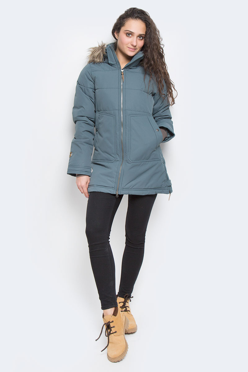 Куртка653054532IV Куртка653054532IVЖенская куртка Icepeak Teresa выполнена из 100% полиэстера. Материал изготовлен при помощи технологии Icemax, которая обеспечит вам надежную защиту от ветра и влаги. В качестве подкладки также используется полиэстер. Утеплителем служит материал FinnWad, который обладает высокими теплоизоляционными свойствами. Модель с воротником-стойкой и съемным капюшоном застегивается на застежку-молнию с двумя бегунками и имеет внутреннюю ветрозащитную планку. Капюшон, оформленный искусственным мехом, пристегивается к изделию за счет застежку-молнии и кнопок. Кроай капюшона дополнен шнурком-кулиской. Низ рукавов дополнен внутренними эластичными манжетами. Объем по талии регулируется за счет скрытого шнурка-кулиски. В боковых швах расположены застежки-молнии. Спереди расположено два накладных кармана на кнопках, а с внутренней стороны - накладной карман-сетка и прорезной карман на застежке-молнии. На рукавах расположены фирменные нашивки.