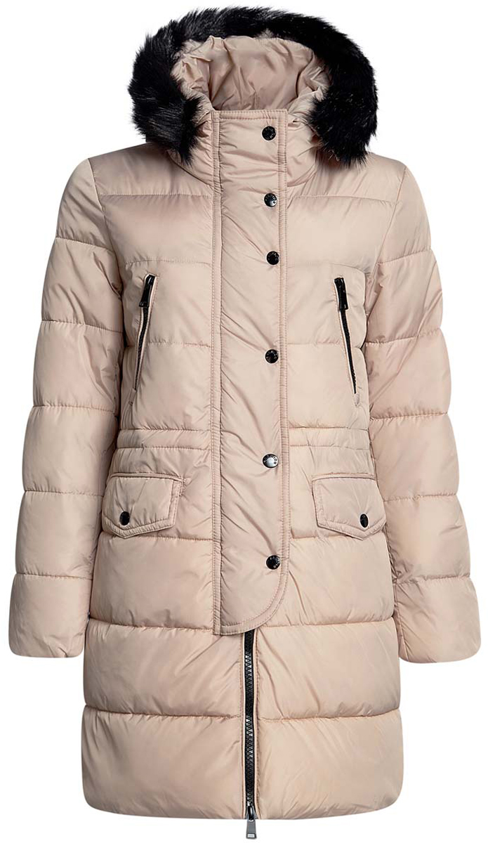 Куртка10203058/45928/3500N Куртка10203058/45928/3500NЖенская куртка oodji Ultra с длинными рукавами и несъемным капюшоном выполнена из прочного полиамида. Наполнитель - синтепон. Капюшон дополнен шнурком-кулиской и украшен съемным искусственным мехом на кнопках. Куртка застегивается на застежку-молнию спереди и имеет ветрозащитный клапан на кнопках. Изделие оснащено двумя втачными карманами на молниях и двумя втачными карманами с клапанами на кнопках спереди. Рукава дополнены внутренними трикотажными манжетами. На талии расположен шнурок-кулиска.