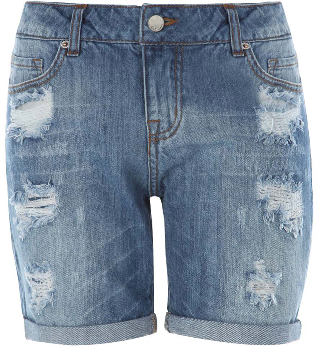 Шорты12807069/42559/7500W Шорты12807069/42559/7500WЖенские шорты oodji Denim выполнены из натурального хлопка. Шорты застегиваются на ширинку на застежке-молнии и пуговицу на поясе, дополнены шлевками для ремня. Модель оснащена двумя втачными карманами и одним накладным кармашком спереди, а также двумя накладными карманами сзади. Шорты украшены декоративными потертостями и заплатками.