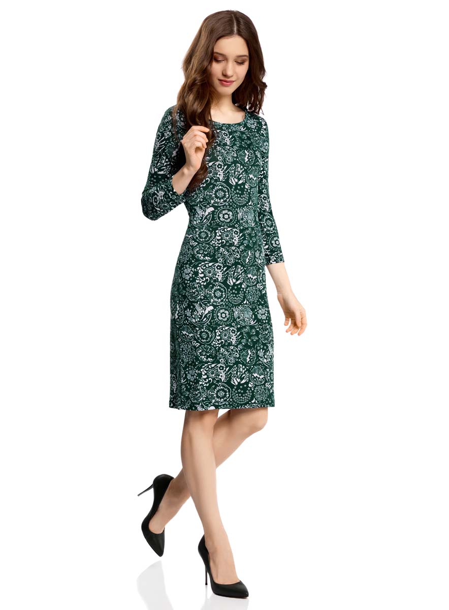 Платье24001070-5/15640/2945E Платье24001070-5/15640/2945EПлатье oodji Collection исполнено из мягкой облегающей ткани. Имеет вырез-капельку на спинке, застегивающийся на пуговицу и рукава 7/8. Изделие плотно садится по фигуре.
