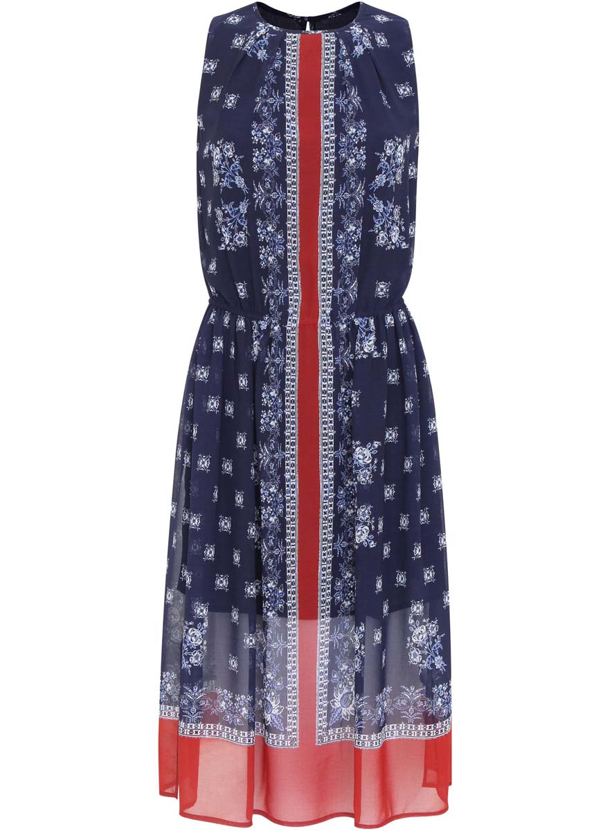 Платье21900320/42840/1266E Платье21900320/42840/1266EПлатье oodji Collection изготовлено из качественного полиэстера. Модель с круглым вырезом и без рукавов застегивается сзади на пуговицу. На талии ткань собрана на внутреннюю резинку, по бокам имеются разрезы. Шифоновое платье оформлено оригинальным платочным рисунком. Модель дополнена подкладкой.