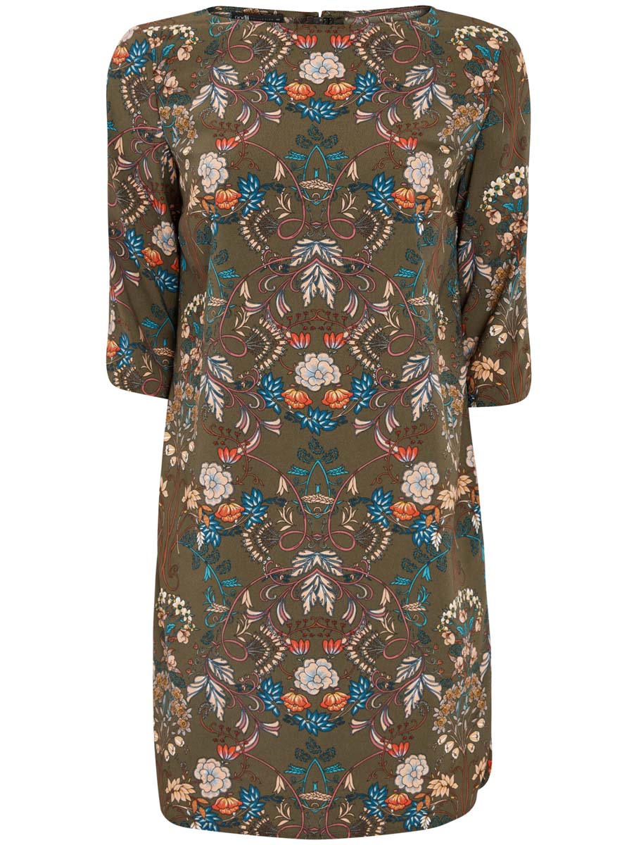Платье21900322-1/42913/7919F Платье21900322-1/42913/7919FПлатье oodji Collection выполнено из 100% полиэстера. Модель с круглым вырезом горловины и рукавами 1/2 сзади застегивается на металлическую застежку. Оформлено изделие цветочным принтом.