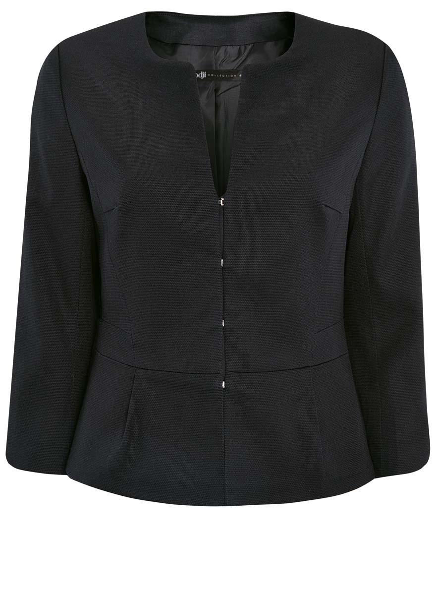 Жакет21208019/42824/1000N Жакет21208019/42824/1000NЖакет женский oodji Collection исполнен из плотной высококачественной ткани. Большое содержание хлопка в составе обеспечивает приятную носку и воздухопроницаемость изделия. Жакет имеет круглый вырез воротника, классический рукав 3/4 и поролоновые плечики. Застегивается спереди крючки.