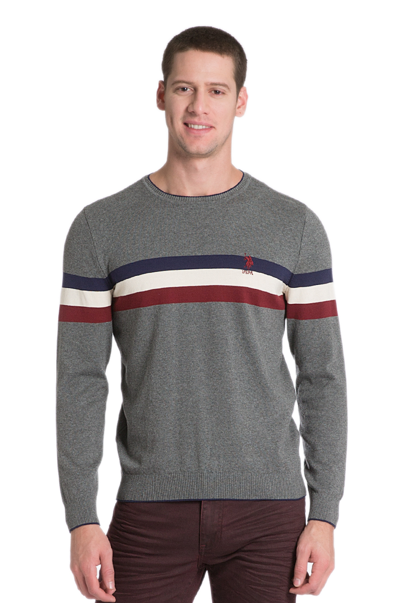 ДжемперG081SZ0TK0SANCEZ_VR033 ДжемперG081SZ0TK0SANCEZ_VR033Мужской джемпер с длинными рукавами и круглым вырезом горловины выполнен из натурального хлопка. Модель оформлена принтом в полоску.