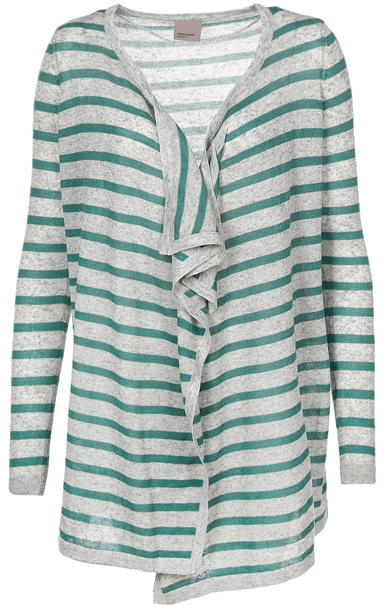 Кардиган10166453_Blue Surf Кардиган10166453_Blue SurfЖенский кардиган Vero Moda выполнен из высококачественного полиэстера с добавлением льна. Вязаная удлиненная модель с длинными рукавами не имеет застежек и красиво драпируется. Низ и манжеты рукавов связаны резинкой. Кардиган оформлен узором в полоску.