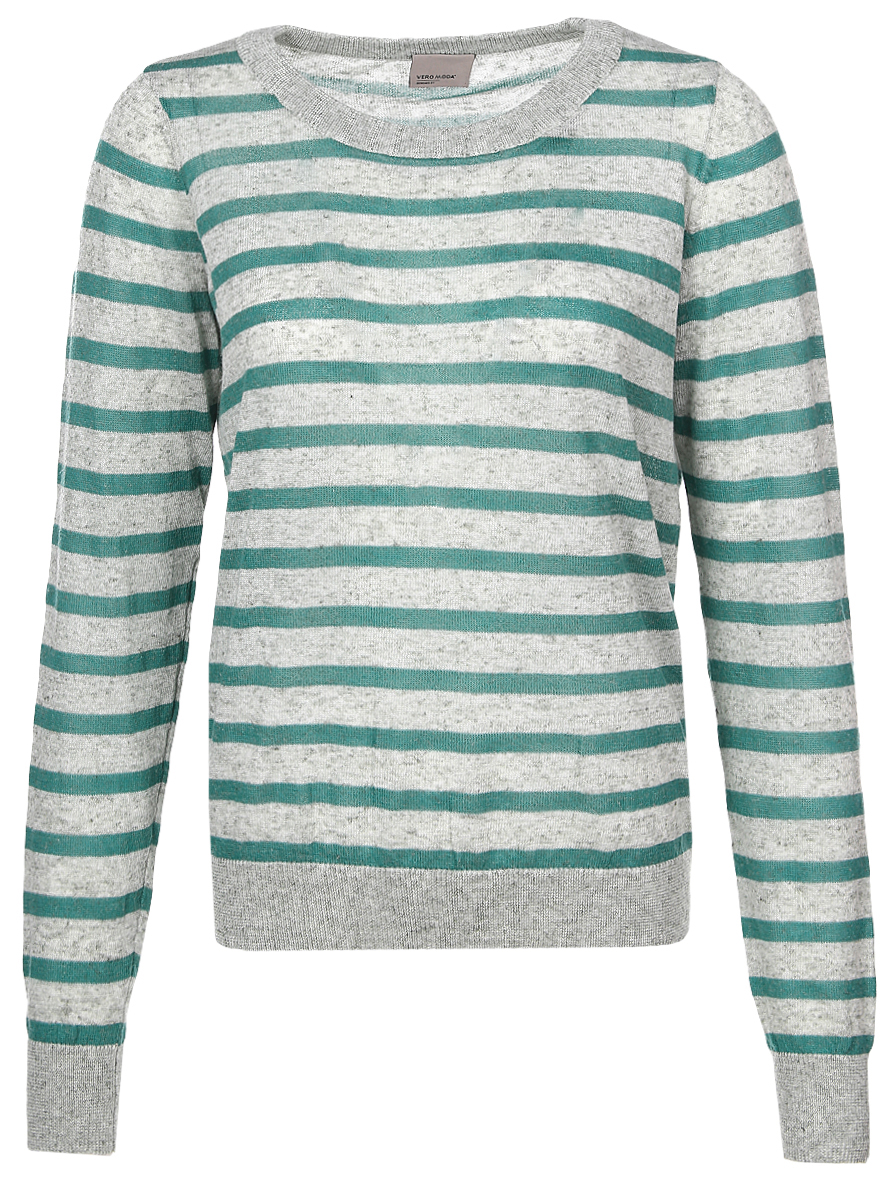 Джемпер10166456_Blue Surf Джемпер10166456_Blue SurfЖенский джемпер Vero Moda свободного кроя с круглым вырезом горловины и длинными рукавами изготовлен из высококачественной пряжи из полиэстера с добавлением льна. Горловина, низ и манжеты рукавов джемпера связаны резинкой. Модель оформлена узором в полоску.