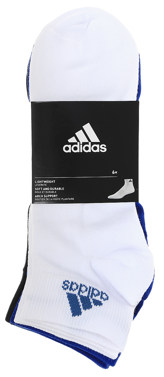 Комплект носковS99890 Комплект носковS99890Носки adidas Per Ankle T изготовлены из высококачественного эластичного хлопка с добавлением полиамида и полиэстера. Укороченные носки с поддержкой стопы имеют эластичную резинку, которая надежно фиксирует носки на ноге. В комплект входят 6 пар носков разных цветов: синего, белого, темно-голубого, темно-синего, серого и темно-фиолетового.