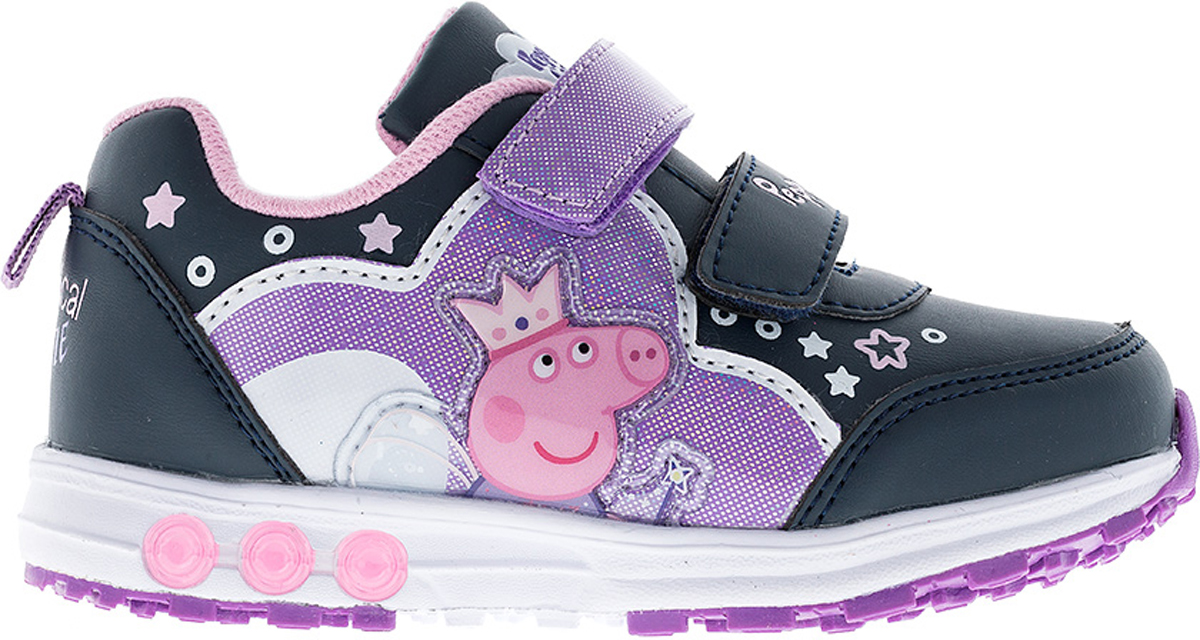 Кроссовки6342B Кроссовки6342BСтильные кроссовки Peppa Pig от Kakadu - отличный выбор для вашей малышки на каждый день. Верх модели выполнен из синтетической кожи. Кроссовки оформлены нашивками с изображением Свинки Пеппы. Ремешки на застежках-липучках обеспечивают надежную фиксацию обуви на ноге. Подкладка из текстильного материала создает комфорт при носке. Съемная антибактериальная стелька удобна в эксплуатации и позволяет быстро просушивать обувь. Облегченная подошва выполнена из ЭВА и амортизирующей термопластичной резины, которая снимает нагрузку с суставов. Светодиодная подсветка подошвы приведет в восторг юную модницу. Рифление на подошве обеспечивает отличное сцепление с любой поверхностью. Модные и комфортные кроссовки - необходимая вещь в гардеробе каждого ребенка.