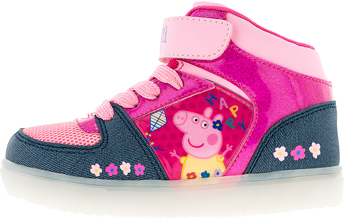 Ботинки6748B Ботинки6748BЯркие ботинки Peppa Pig от Kakadu, непременно, понравятся маленькой моднице! Модель выполнена из высокопрочной синтетической кожи и дышащего текстиля и оформлена принтом с изображением Свинки Пеппы. Шнуровка и ремешок с застежкой-липучкой обеспечивают надежную фиксацию обуви на ноге. Подкладка из хлопка и текстиля позволяет ногам дышать и сохраняет тепло. Съемная текстильная стелька удобна в эксплуатации и позволяет быстро просушивать обувь. Устойчивая подошва из резины остается эластичной при любой температуре. Светодиодная подсветка подошвы приведет в восторг вашу девочку. Рифление на подошве обеспечивает надежное сцепление с поверхностью. Модные и удобные ботинки - необходимая вещь в гардеробе каждого ребенка.
