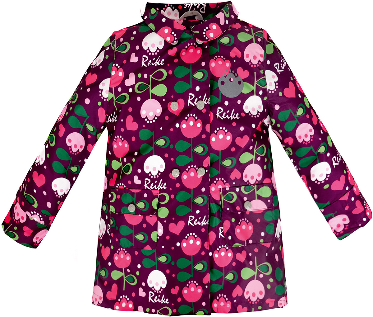 Куртка36 939 335_Tulip violet Куртка36 939 335_Tulip violetСтильная куртка для девочки Reike Тюльпан выполнена из ветрозащитного, водоотталкивающего и дышащего материала с подкладкой из микрофлиса, обеспечивающей дополнительный комфорт. Расклешенная модель в ретро-стиле выполнена с имитацией двубортной застежки на кнопках и дополнена двумя накладными карманами с клапанами. В виде интересного акцента выступают отложной воротник, ремешки на рукавах и складка на спинке. Изделие оснащено светоотражающим элементом и оформлено ярким цветочным принтом в стиле серии. Особенности изделия: - базовый уровень; - коэффициент воздухопроницаемости: 2000гр/м2/24 ч; - водоотталкивающее покрытие: 2000 мм.