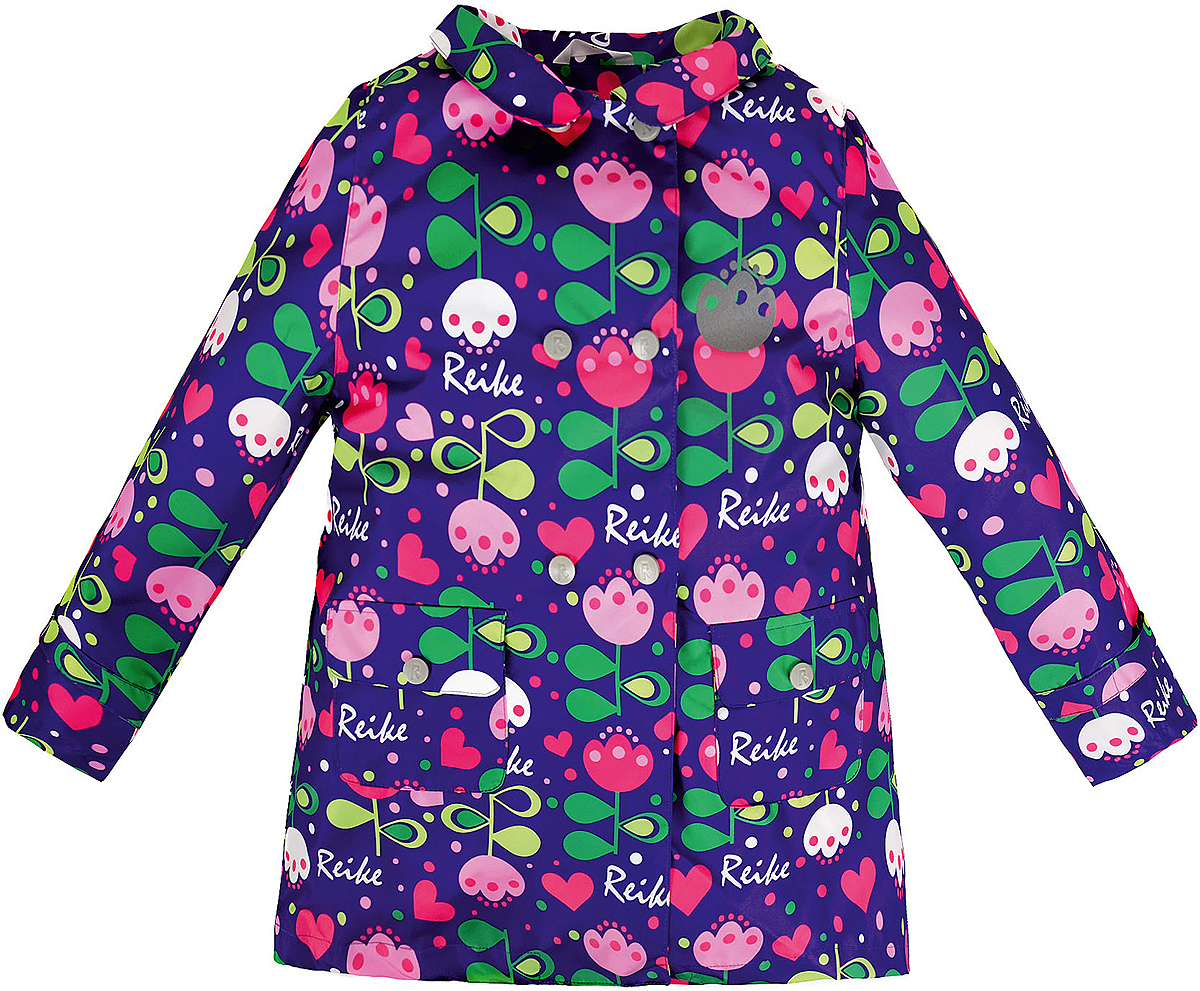 Куртка36 939 335_Tulip violet Куртка36 939 335_Tulip violetСтильная куртка для девочки Reike Тюльпан выполнена из ветрозащитного, водоотталкивающего и дышащего материала с подкладкой из микрофлиса, обеспечивающей дополнительный комфорт. Расклешенная модель в ретро-стиле выполнена с имитацией двубортной застежки на кнопках и дополнена двумя накладными карманами с клапанами. В виде интересного акцента выступают отложной воротник, ремешки на рукавах и складка на спинке. Изделие оснащено светоотражающим элементом и оформлено ярким цветочным принтом в стиле серии. Особенности изделия: - базовый уровень; - коэффициент воздухопроницаемости: 2000гр/м2/24 ч; - водоотталкивающее покрытие: 2000 мм.