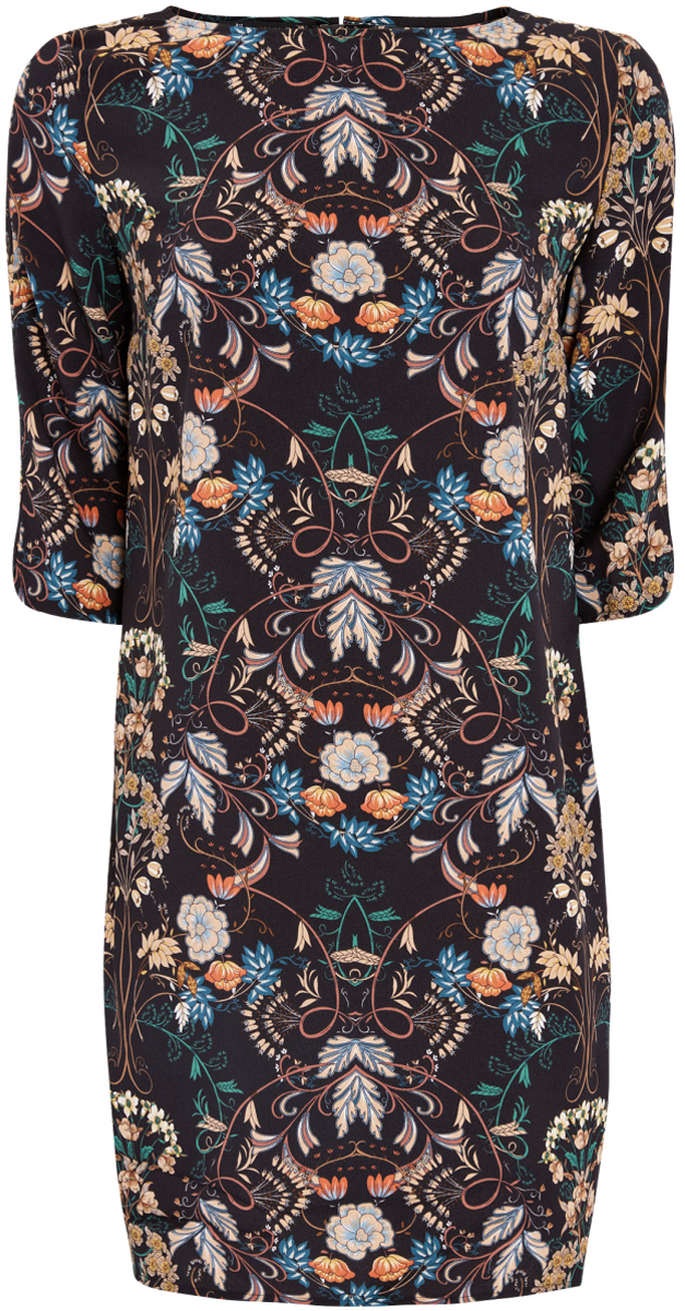 Платье21900322-1/42913/7919F Платье21900322-1/42913/7919FПлатье oodji Collection выполнено из 100% полиэстера. Модель с круглым вырезом горловины и рукавами 1/2 сзади застегивается на металлическую застежку. Оформлено изделие цветочным принтом.