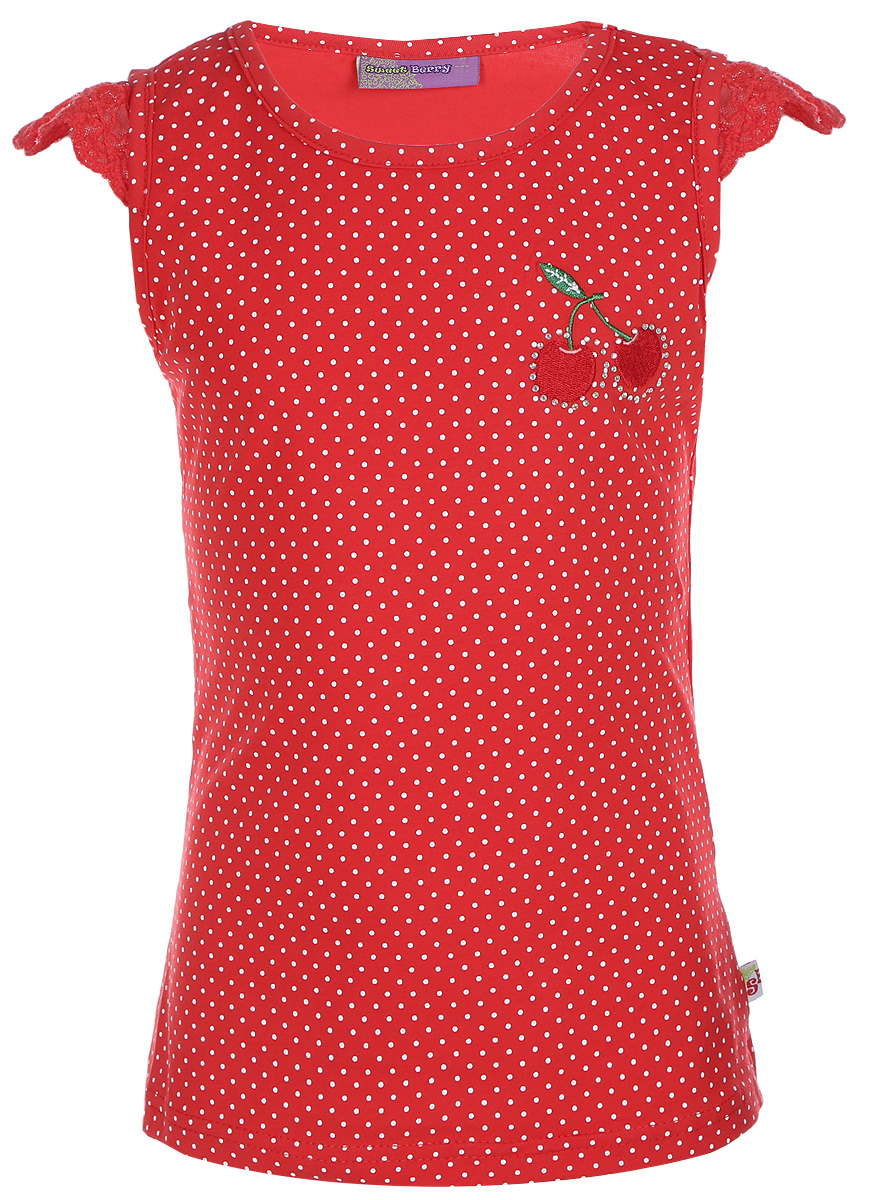 Топ714148 Топ714148Яркий топ для девочки Sweet Berry, выполненный из качественного эластичного хлопка с принтом в мелкий горошек, станет отличным дополнением к детскому гардеробу. Модель с круглым вырезом горловины и кружевными-рукавами-крылышками оформлена вышивкой и стразами на груди. Воротник и проймы дополнены мягкой эластичной бейкой.