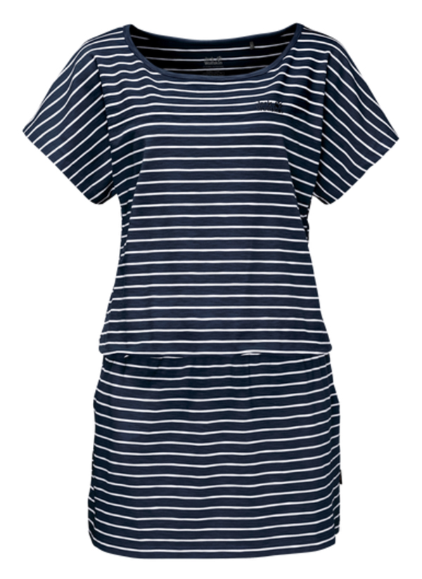 Платье1504061-7819 Платье1504061-7819Платье Travel Striped Dress изготовлено из полиэстера с добавлением эластана. Ткань мягкая, легкая, приятная на ощупь и дышащая. Если вы вдруг попадете под дождь, ткань высохнет практически мгновенно, кроме того, специальная обработка позволяет уменьшить образование неприятных запахов. Модель имеет свободный крой, круглый вырез горловины и цельнокроеный рукав. На талии предусмотрена резинка, а сбоку расположены вшитые карманы. Модель дополнена принтом в полоску. Такое платье идеально подходит для путешествий в жаркие страны и повседневной носки в летний сезон.