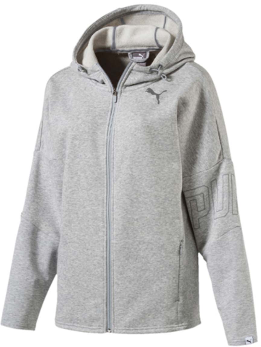Худи59074904 Худи59074904Удобное женское худи Swagger Jkt W изготовлено из хлопка с добавлением полиэстера. На ткань нанесена финальная влагоотводящая обработка на биологической основе. Модель имеет длинные рукава с приспущенными плечевыми швами, застежку-молнию и удлиненный силуэт. Благодаря свободному крою модель отлично подойдет на каждый день. Капюшон снабжен затягивающимися шнурами со стопперами. Ворот и внутренние швы капюшона отделаны тесьмой из светоотражающего материала с фирменной символикой. В зоне подмышек имеются вставки из сетчатого материала. Удлиненная задняя округлая кромка прикрывает поясницу. Модель имеет потайные карманы на молнии. Худи декорировано серебристой светоотражающей надписью PUMA на левом рукаве и логотипом PUMA.
