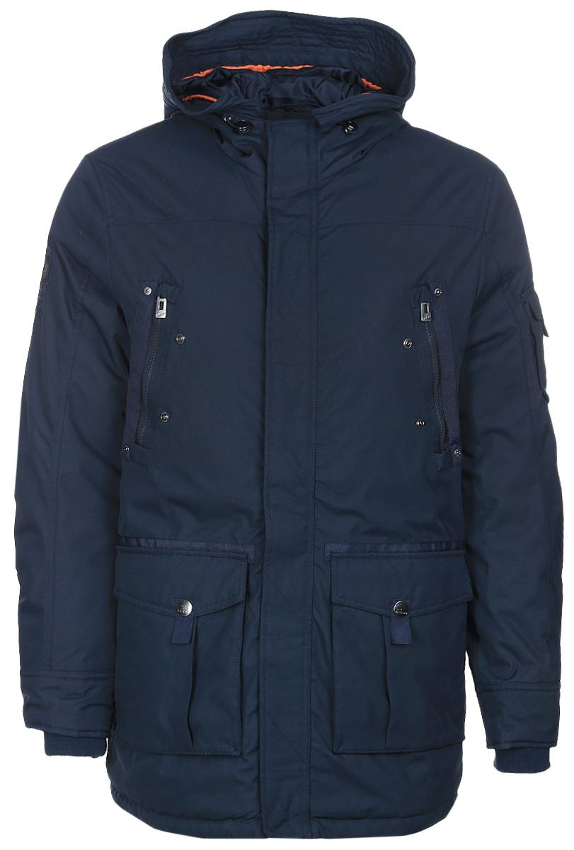 КурткаB537014_Deep Navy КурткаB537014_Deep NavyСтильная утепленная мужская парка Baon выполнена из плотного полиэстера. Модель прямого кроя имеет капюшон с отворотом, застегивается на застежку-молнию и дополнительно на ветрозащитный клапан с кнопками. Рукава дополнены внутренними трикотажными манжетами. Куртка оснащена двумя накладными карманами на кнопках и двумя вшитыми нагрудыми карманами на молниях, также небольшой накладной карман расположен на рукаве. На талии предусмотрена внутренняя кулиска с утяжкой. На спинке модели расположена шлица на кнопке. Теплая модная куртка станет прекрасным дополнением вашего гардероба.