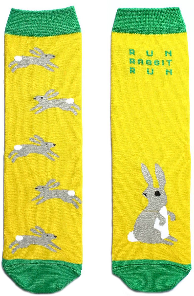 Носкиn211 Носкиn211Яркие носки с несимметричным принтом заяц и надписью run, rabbit, run (беги, заяц, беги)
