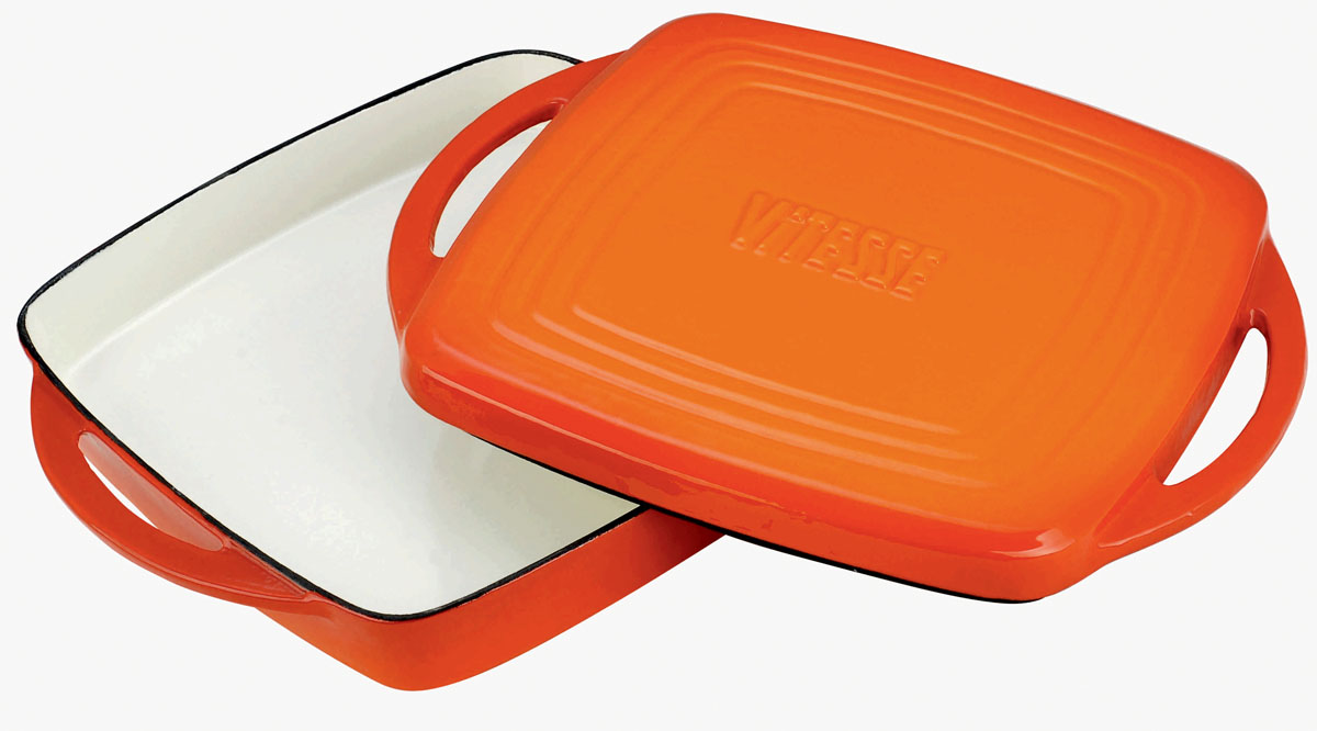 Жаровня Vitesse "Ferro" с крышкой-сковородой, цвет: оранжевый, 27 х 27 см + ПОДАРОК: Кухонные рукавицы, 2 шт