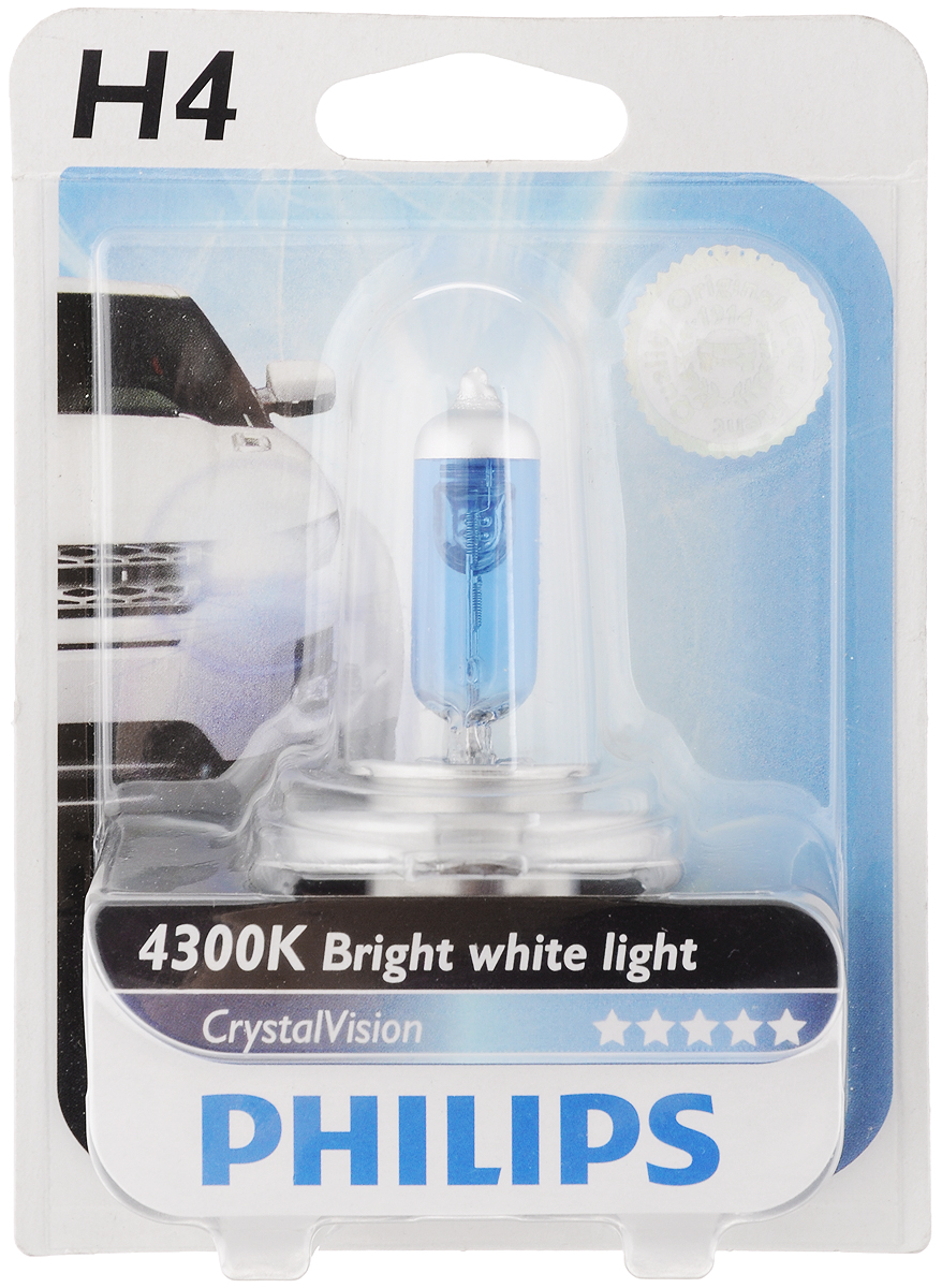 Лампа автомобильная галогенная Philips "CrystalVision", для фар, цоколь H4 (P43t), 12V, 60/55W Лампа автомобильная галогенная Philips "CrystalVision", для фар, цоколь H4 (P43t), 12V, 60/55W
