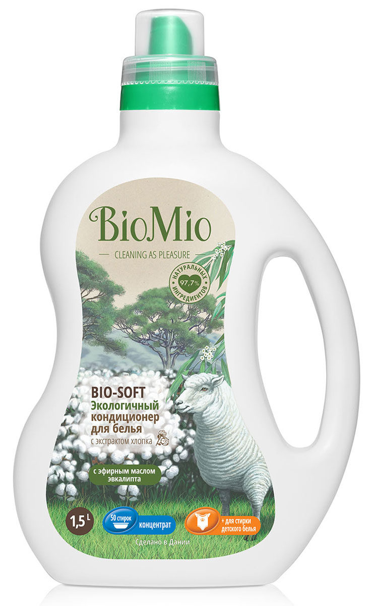 Экологичный кондиционер для белья "BioMio", с эфирным маслом эвкалипта и экстрактом хлопка, 1,5 л