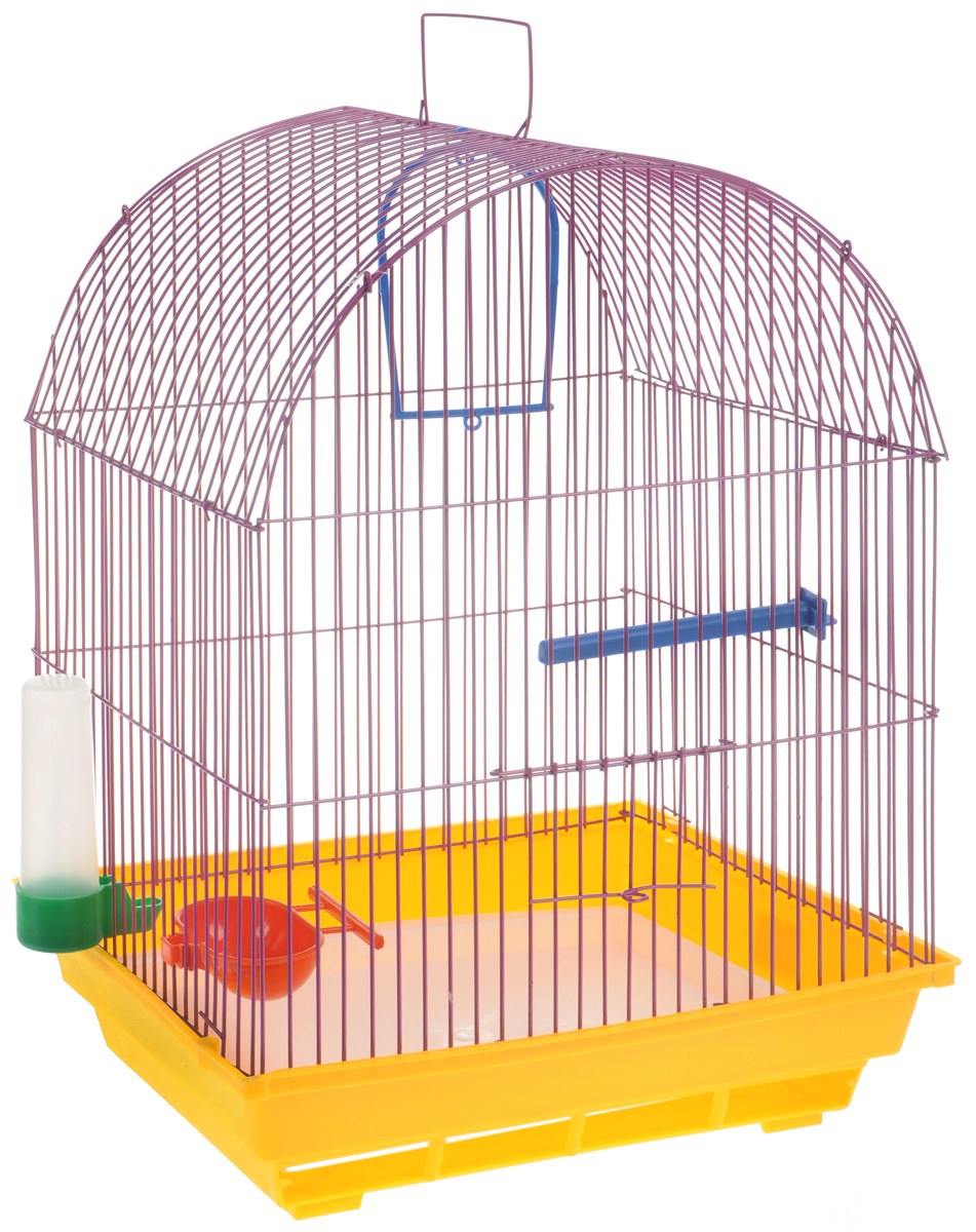 Клетка для птиц "ЗооМарк", цвет: желтый поддон, фиолетовая решетка, 35 х 28 х 45 см