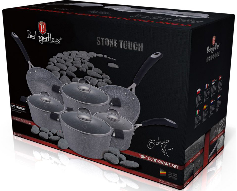 Набор посуды Berlinger Haus "Stone Touch Line", с мраморным покрытием, цвет: серый, черный, 10 предметов. 1170-ВН Набор посуды Berlinger Haus "Stone Touch Line", с мраморным покрытием, цвет: серый, черный, 10 предметов. 1170-ВН