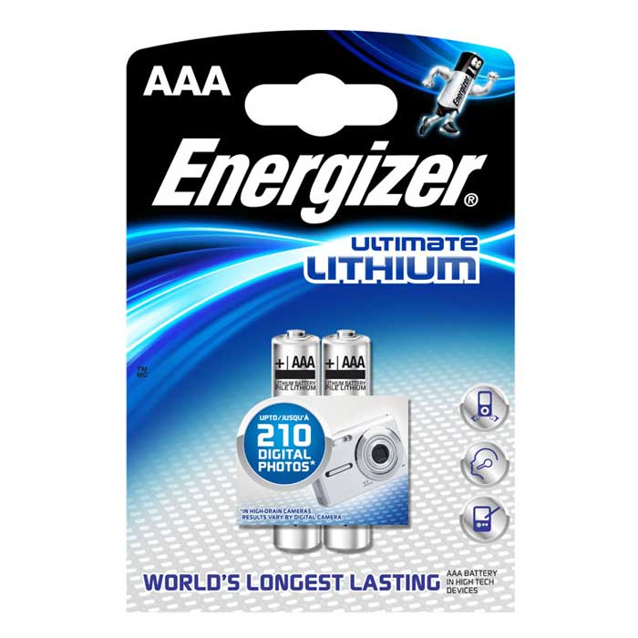 Батарейка литиевая ENERGIZER Ultim Lithium, тип ААА, 2 шт636324/632962/629769/635225 Батарейка литиевая ENERGIZER Ultim Lithium, тип ААА, 2 шт636324/632962/629769/635225Батарейка литиевая ENERGIZER Ultim Lithium имеет непревзойденную емкость и вес на 33% меньше стандартных алкалиновых батареек. Не содержит ртути и кадмия. Характеристики: Тип элемента питания: литиевый. Выходное напряжение: 1,5 В. Размер батарейки: 1 см х 1 см х 4,5 см. Размер упаковки: 8 см х 11,5 см х 1 см. Изготовитель: Сингапур.