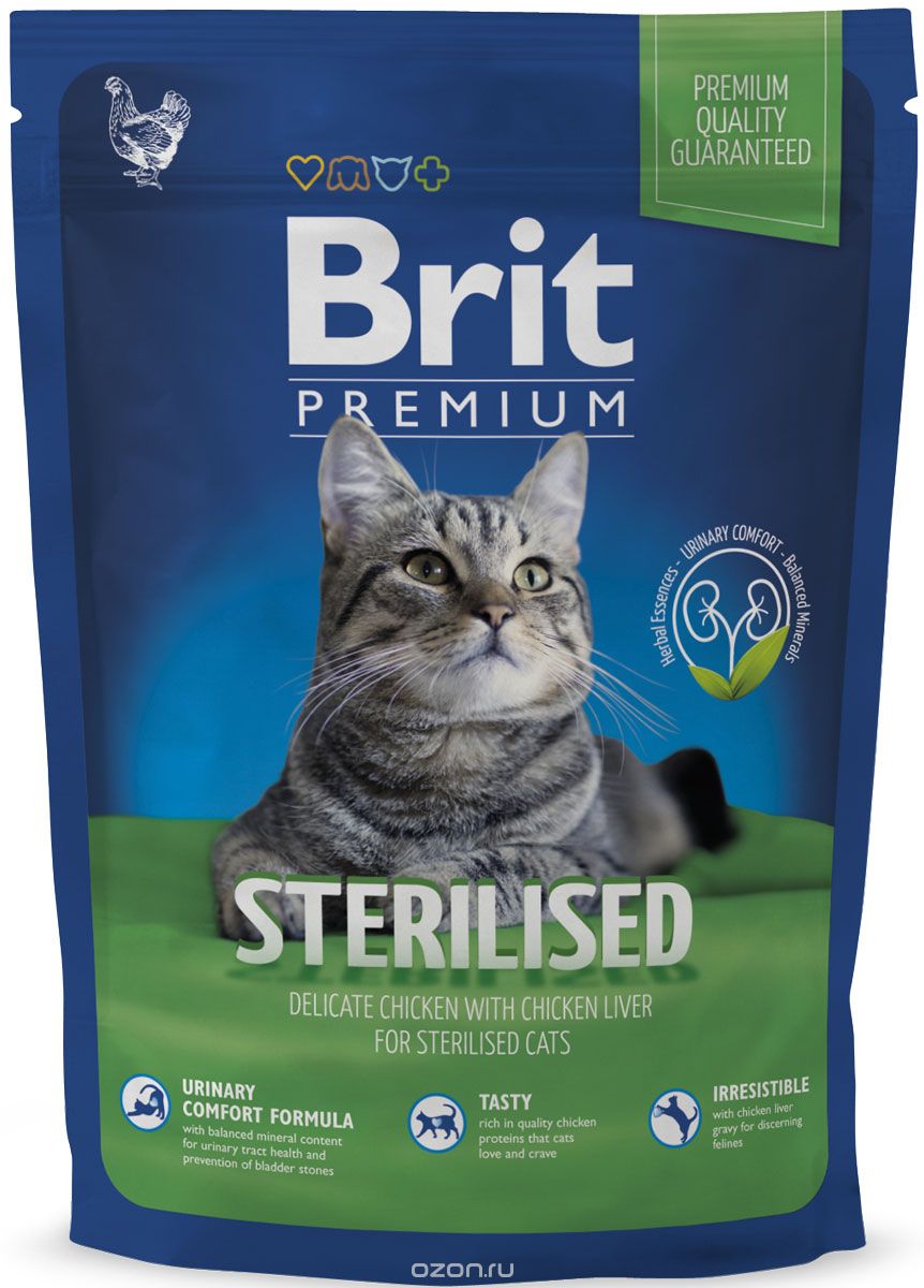 Корм сухой Brit Premium для стерилизованных кошек и кастрированных котов, 300 г8594031443926 Корм сухой Brit Premium для стерилизованных кошек и кастрированных котов, 300 г8594031443926Сбалансированный полнорационный корм Brit Premium предназначен для стерилизованных кошек и кастрированных котов. Основные достоинства: - Не содержит пшеницы, что максимально снижает пищевую аллергию. - Содержит пребиотики MOS и FOS, способствуя повышению иммунитета и поддержанию здоровой микрофлоры кишечника. - Содержит органический селен и витамин Е - факторы замедляющие процессы старения. Состав: курица 32% (мука из куриного мяса 17%, сушеная курица 15 %), рис, гидролизованный куриный протеин 8%, куриный жир (консервирован токоферолами), кукуруза, сушеная свекольная пульпа, соус из куриной печени 4%, рыбий жир из лосося 1%, пивные дрожжи, сушеный одуванчик 0,25%, пребиотики, (маннанолигосахариды 140 мг/кг, фруктоолигосахариды 110 мг/кг), экстракт юкки(75 мг/кг), экстракт фруктов и трав (розмарин, гвоздика, цитрус, куркума, 55 мг/кг). Гарантированный анализ: сырой белок 34,0%, сырой жир 12,0%, сырая клетчатка 3,5%,...
