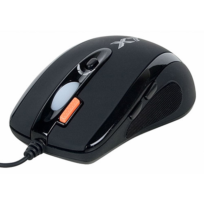A4Tech X-710BK, Black мышьX-710BK A4Tech X-710BK, Black мышьX-710BKВ оптической мыши A4Tech Х-710BK используется мощный и чувствительный сенсор Agilent. Она исключительно плавно движется при любых поворотах, реагируя на малейшие движения быстро и четко. Благодаря удобной и эргономичной форме, мышь легко и надежно ложится в руку. В процессе игры не нужно двигать манипулятор всей кистью, с Х7 работают только пальцы. По бокам сделаны прорезиненные вставки, что исключает выскальзывание мыши в самой напряженной игровой ситуации. Симметричный дизайн рассчитан как на правшей, так и на левшей. Шесть кнопок мыши программируются. Рядом с колесом прокрутки располагается уникальная кнопка Тройной клик, позволяющая сделать сразу три выстрела одним нажатием. Кнопка смены разрешения позволяет менять скорость курсора мыши без установки дополнительных драйверов. При смене режима колесо прокрутки подсвечивается разными цветами. Максимальное разрешение - 2000 dpi. При возвращении к повседневной работе за компьютером можно понизить его до 400 dpi....