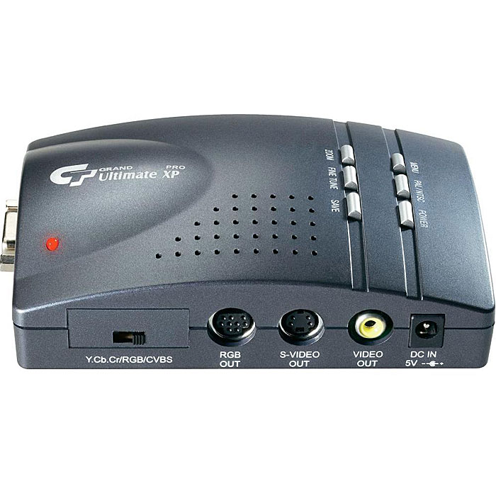 Grand Ultimate XP ProUltimate XP Pro Grand Ultimate XP ProUltimate XP ProGrand Ultimate XP Pro - это высококачественный универсальный преобразователь видеосигнала, разработанный на базе технологии покадровой буферизации, позволяющий преобразовать стандартный цифровой компьютерный VGA видеосигнал в высококачественный и стабильный аналоговый видеосигнал. Этот конвертер может быть использован для проведения компьютерных презентаций на телевизорах, плазменных и жидко-кристаллических панелях с большой диагональю и для высококачественной записи видео материалов, произведенных на компьютере на видеомагнитофон. Набор дополнительных функций позволяет точно настроить картинку видеоизображения для качественной демонстрации или записи, увеличив ее, расположив ее в центре экрана и удалить черную рамку по краям. Функция 2D масштабирования позволяет удалить черную рамку при воспроизведении на телевизоре и записи на видеомагнитофон Кнопки управления функциями тонкой настройки, переключение видеосистемы, масштабирования, позиционирования изображения,...