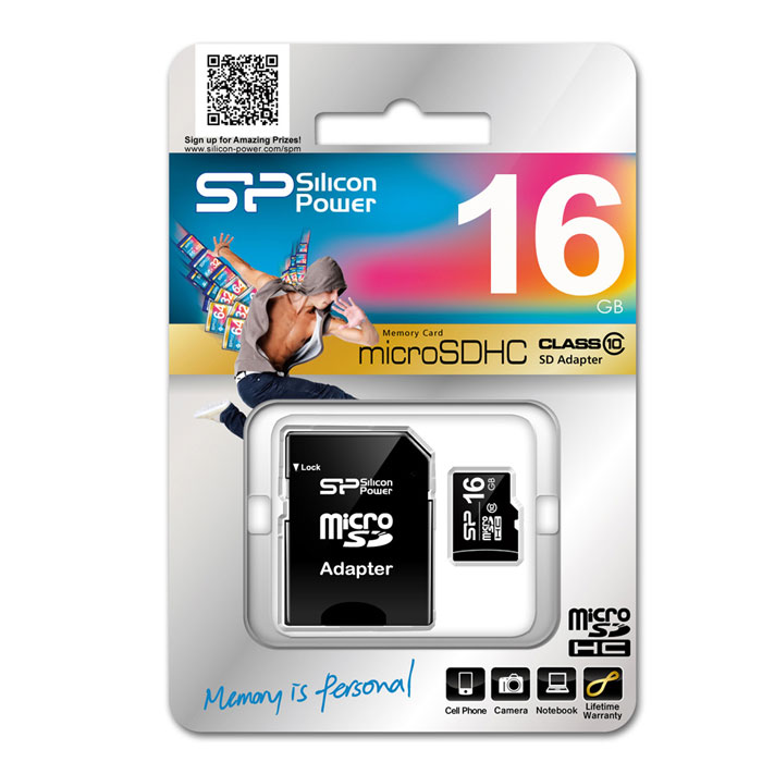 Silicon Power microSDHC Class 10 16GB карта памяти + SD адаптерSP016GBSTH010V10-SP Silicon Power microSDHC Class 10 16GB карта памяти + SD адаптерSP016GBSTH010V10-SPКарта памяти Silicon Power microSDHC Class 10 полностью совместима со стандартом SD 2.0. Совместима с карт-ридерами и устройствами, поддерживающими microSDHC. C адаптером может использоваться как стандартная SDHC карта памяти. Внимание: перед оформлением заказа убедитесь в поддержке вашим электронным устройством карт памяти данного объема.