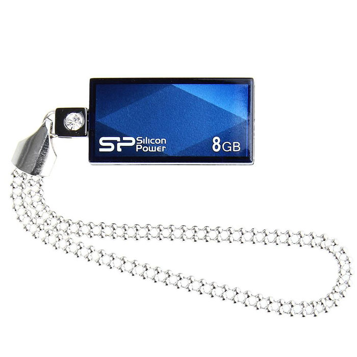 Silicon Power Touch 810 8GB, Blue (SP008GBUF2810V1B)SP008GBUF2810V1B Silicon Power Touch 810 8GB, Blue (SP008GBUF2810V1B)SP008GBUF2810V1BSilicon Power выпустила USB накопитель Silicon Power Touch 810 с улучшенным дизайном. Колоритное изображение ромба наряду с выдвижным коннектором и кристаллом придают модели особенную элегантность. Модель Silicon Power Touch 810 выпускается в синем или красном цвете. Колоритное изображение ромба и кристалла на поверхности позволяет модели изящно сверкать под воздействием солнечных лучей. Silicon Power использует последнюю технологию Chip-on-Board (COB), что делает накопитель ультра-легким (5 грамм). Для удобства пользователей, накопитель оснащен цепочкой и имеет выдвижной USB коннектор, что устраняет опасения потери колпачка. Маленький, удобный и привлекательный - основные отличительные особенности этого устройства, что делает его идеальным для использования в виде украшения на шее или для использования в командировках.