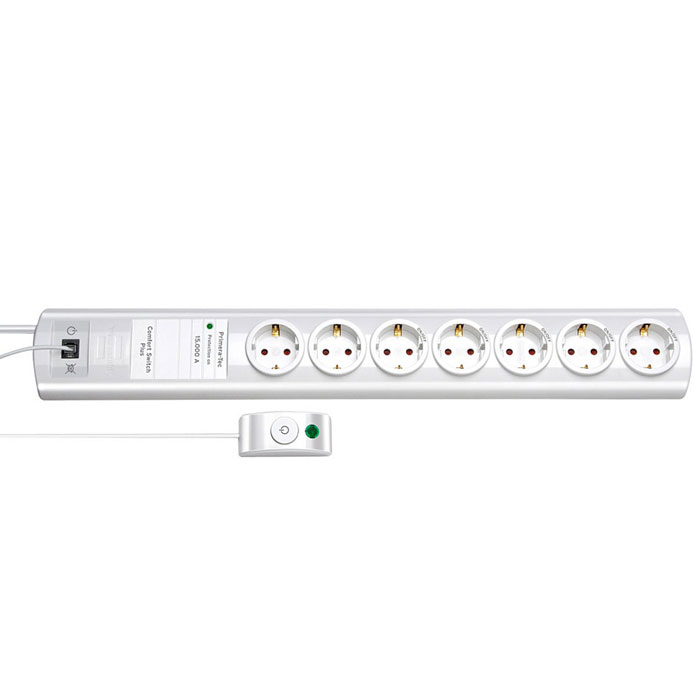 Brennenstuhl Primera-Tec Comfort Switch Plus сетевой фильтр, White1153320417 Brennenstuhl Primera-Tec Comfort Switch Plus сетевой фильтр, White1153320417Сетевой фильтр на 7 розеток Brennenstuhl Primera-Tec Comfort Switch Plus для защиты оборудования от скачков напряжения. Устройство обрудовано выносным выключателем с проводом длиной 1,5 м. Выключатель подключается в разъем RJ-11. Оптическая индикация статуса защиты от перегрузок Возможность вывести кабель с обеих сторон Розетки с защитой от детей Отверстия для настенного монтажа Тип кабеля: H05VV-F 3G1,5