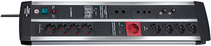 Brennenstuhl Premium-Protect-Line Automatic 120.000 А 9 розеток, 3 м1391000120 Brennenstuhl Premium-Protect-Line Automatic 120.000 А 9 розеток, 3 м1391000120Удлинитель на 9 розеток с защитой от перенапряжения Brennenstuhl Premium-Protect-Line Automatic предназначен для подключения различных приборов и устройств к электросети. Устройство оснащено встроенным фильтром для защиты от высокочастотных помех и имеет расширенную защиту от сбоев при входе в систему через телефонные, ISDN/DSL и антенные подключения. При включении/отключении устройств, подключенных в красный разъем Master все остальные устройства, подключенные к разъемам Slaves, также будут автоматически включаться и отключаться. Например, в разъем Master можно подключить системный блок компьютера, а от разъемов Slaves запитать все сопутствующее оборудование: монитор, аудио система, принтер, сканер и т.д. Защита оборудования от перенапряжения (непрямые удары молнии), максимум до 120 000 A Прочный матовый алюминиевый корпус Управление при помощи одного нажатия Сохраняет настройки для разъема Master при нажатии на кнопку В случае необходимости может...