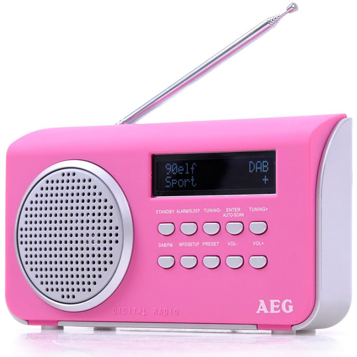 AEG DAB 4130, Pink радиоприемникDAB 4130 pink AEG DAB 4130, Pink радиоприемникDAB 4130 pinkПортативный радиоприемник AEG DAB 4130. AUX-IN ЖК-дисплей Режим ожидания Спящий режим Сенсорный корпус Телескопическая антенна Автоматический и ручной поиск 10 ячеек памяти для радиостанций DAB+ радио: большое количество разнообразных программ благодаря цифровому, безупречному приему, а также дополнительная информация по программам Режим работы от батарей: 4 х АА